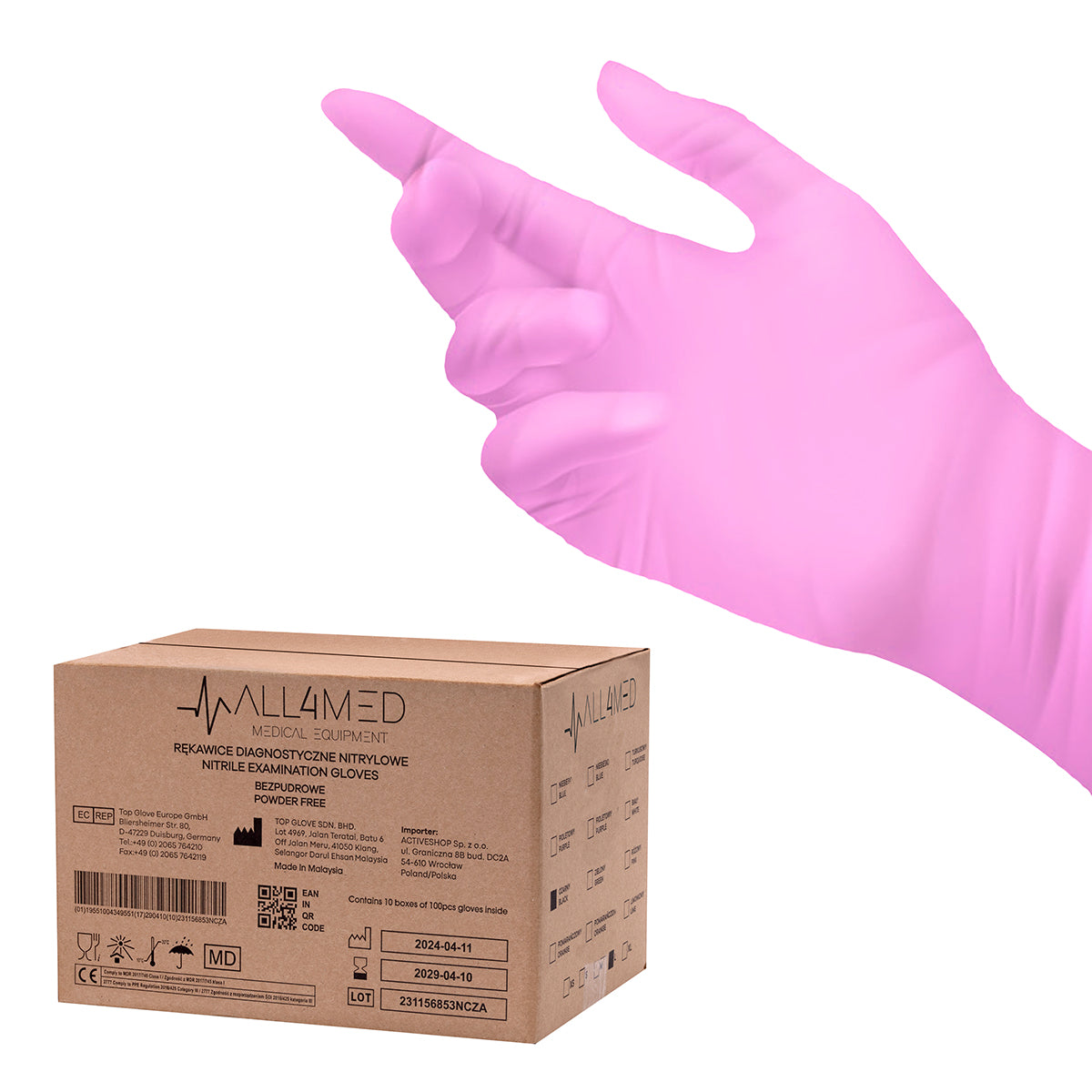 All4med disposable diagnostic nitrile gloves pink S 10x100 pieces